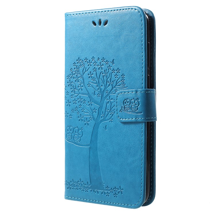 Impressão Árvore Coruja Padrão Carteira Suporte De Couro Fólio Celular Capa Para Huawei Honor Play - Azul-2