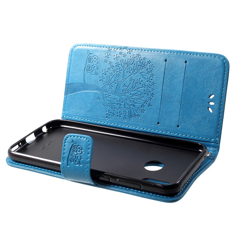 Impressão Árvore Coruja Padrão Carteira Suporte De Couro Fólio Celular Capa Para Huawei Honor Play - Azul-5