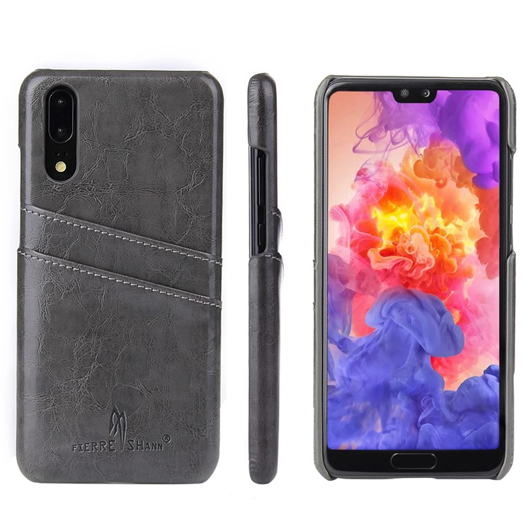 FIERRE SHANN Oil Wax Leather Coated PC Shell for Huawei P20 with Card Holder - Black-1