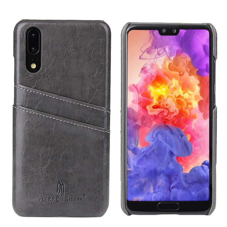 FIERRE SHANN Oil Wax Leather Coated PC Shell for Huawei P20 with Card Holder - Black-2