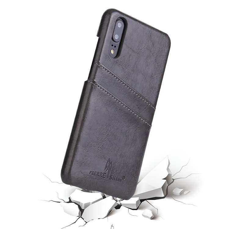FIERRE SHANN Oil Wax Leather Coated PC Shell for Huawei P20 with Card Holder - Black-3