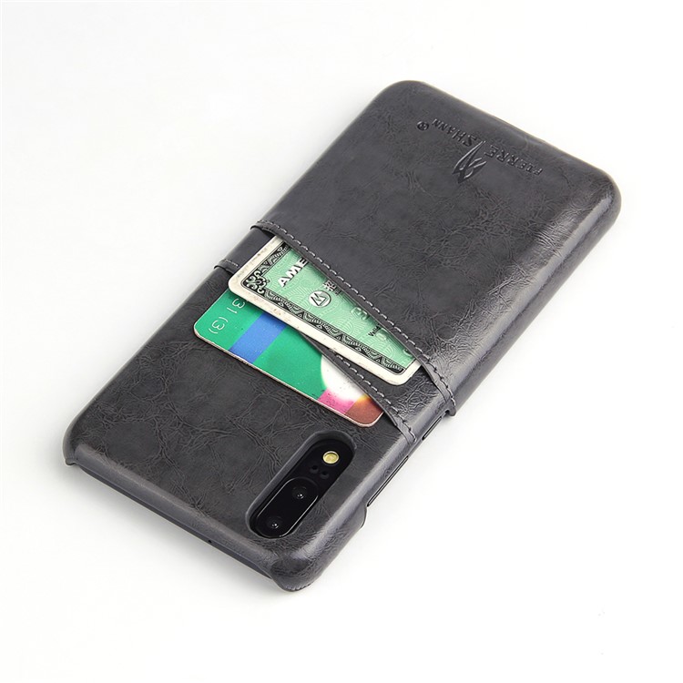 FIERRE SHANN Oil Wax Leather Coated PC Shell for Huawei P20 with Card Holder - Black-6