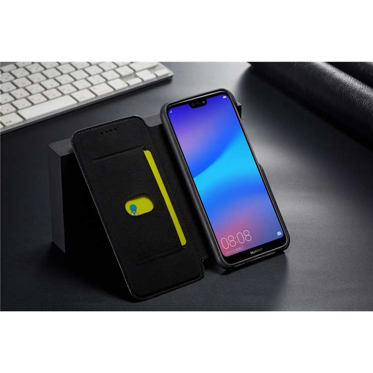 LC.IMEEKE for Huawei P20 Lite / Nova 3e Retro Style Leather Card Holder Stand Casing - Black-12
