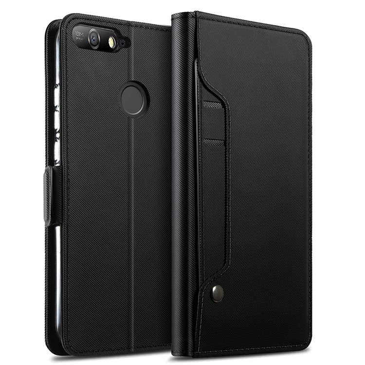 For Huawei Enjoy 8E / Honor 7A Pro / Honor 7A (with Fingerprint Sensor) Leather Wallet Stand Mobile Casing with Makeup Mirror - Black-1
