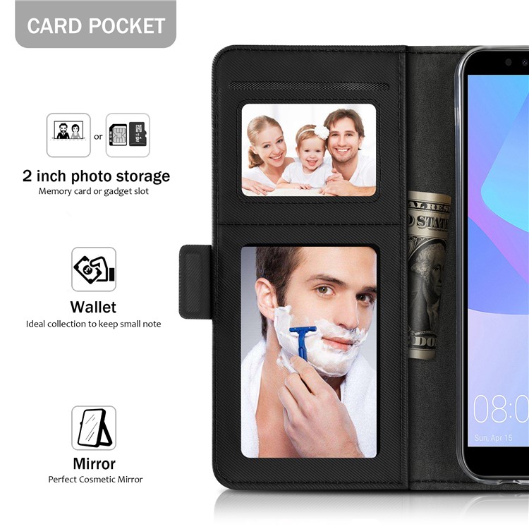 For Huawei Enjoy 8E / Honor 7A Pro / Honor 7A (with Fingerprint Sensor) Leather Wallet Stand Mobile Casing with Makeup Mirror - Black-5