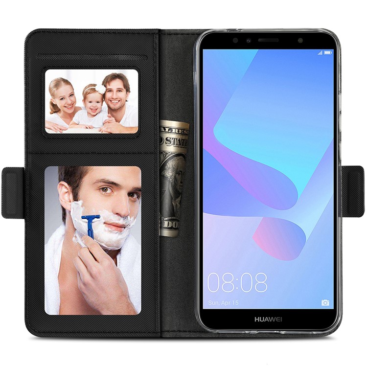 For Huawei Enjoy 8E / Honor 7A Pro / Honor 7A (with Fingerprint Sensor) Leather Wallet Stand Mobile Casing with Makeup Mirror - Black-8