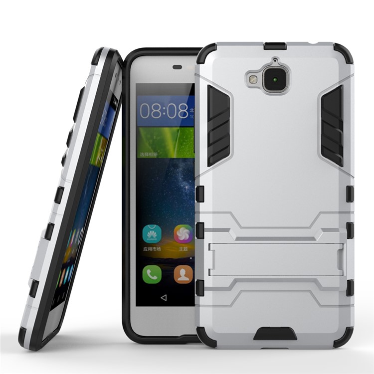 For Huawei Y6 Pro / Enjoy 5 Hybrid Case Plastic + TPU Cover with Kickstand - Silver-2