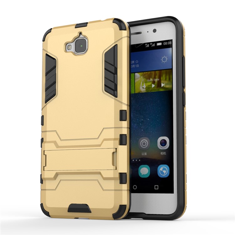 For Huawei Y6 Pro / Enjoy 5 Dual Guard Plastic + TPU Shell with Kickstand - Gold-1