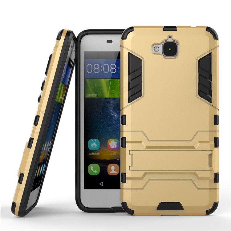 For Huawei Y6 Pro / Enjoy 5 Dual Guard Plastic + TPU Shell with Kickstand - Gold-2