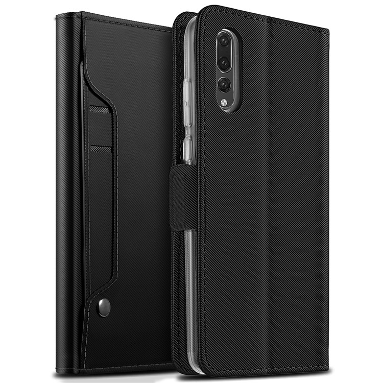 For Huawei P20 Pro Leather Wallet Stand Case with Card Holder and Makeup Mirror - Black-1