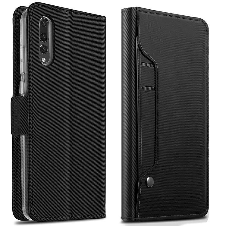 For Huawei P20 Pro Leather Wallet Stand Case with Card Holder and Makeup Mirror - Black-2