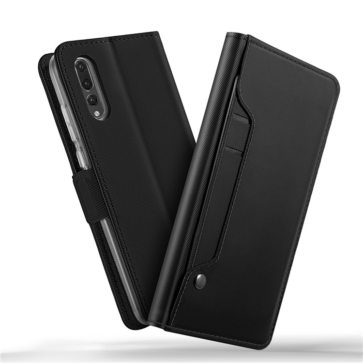For Huawei P20 Pro Leather Wallet Stand Case with Card Holder and Makeup Mirror - Black-3