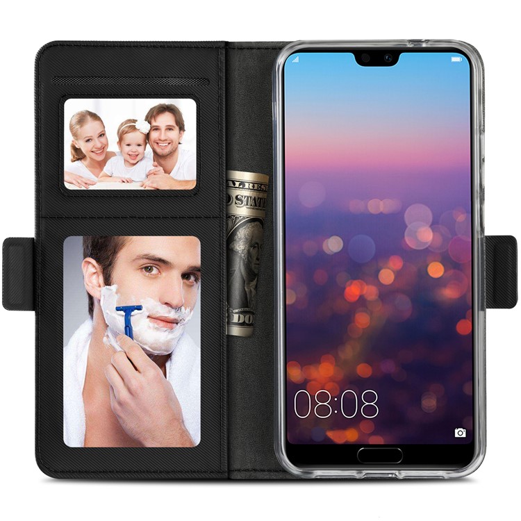 For Huawei P20 Pro Leather Wallet Stand Case with Card Holder and Makeup Mirror - Black-4