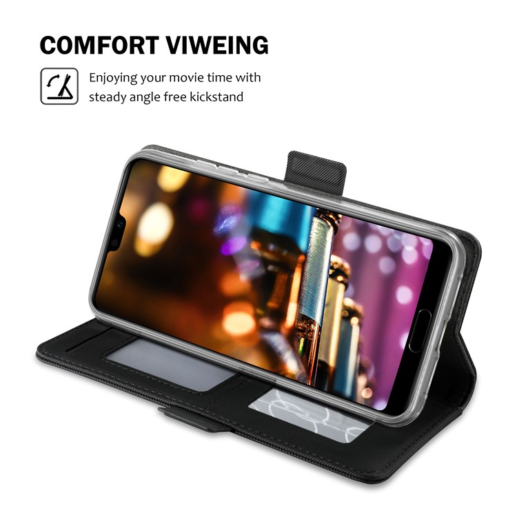 For Huawei P20 Pro Leather Wallet Stand Case with Card Holder and Makeup Mirror - Black-5