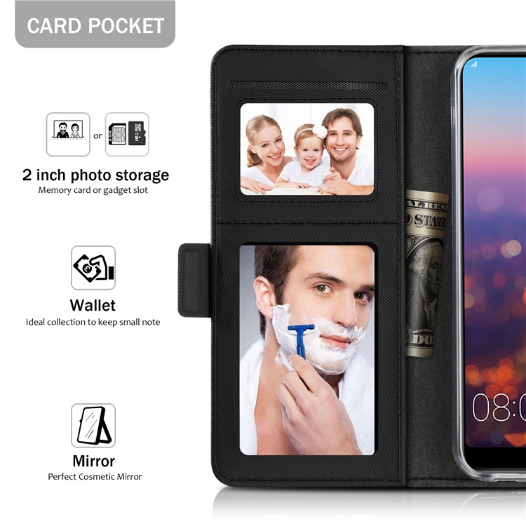 For Huawei P20 Pro Leather Wallet Stand Case with Card Holder and Makeup Mirror - Black-9