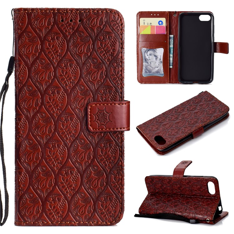 Imprint Leaf Leather Stand Wallet Case Accessory for Huawei Y5 (2018) / Y5 Prime (2018) / Honor 7s / Play 7 - Brown-1