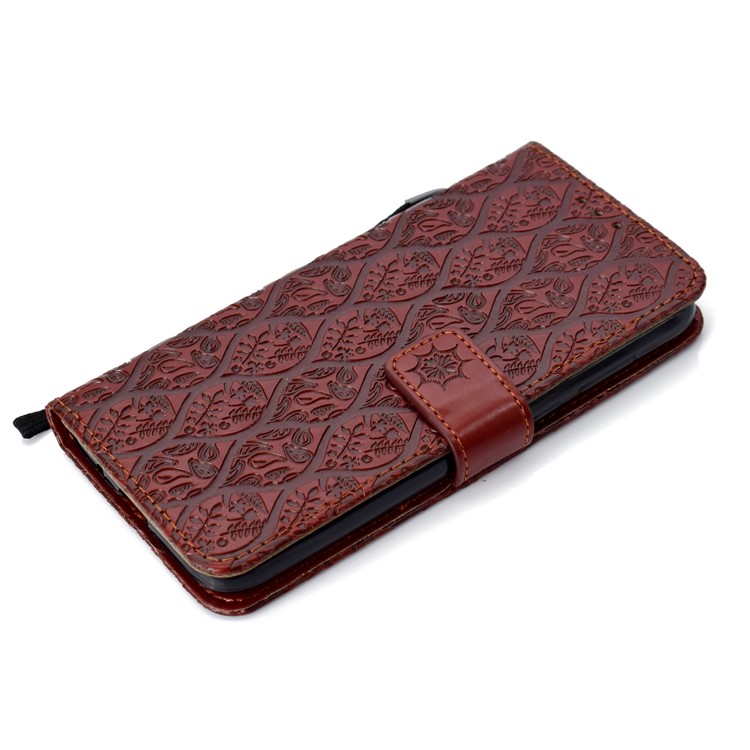 Imprint Leaf Leather Stand Wallet Case Accessory for Huawei Y5 (2018) / Y5 Prime (2018) / Honor 7s / Play 7 - Brown-7