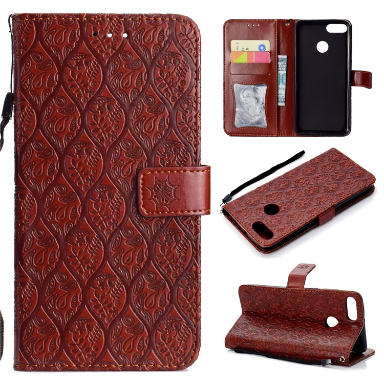 Imprint Leaf Leather Wallet Stand Cell Phone Cover for Huawei Y9 (2018)/Enjoy 8 Plus - Brown-1