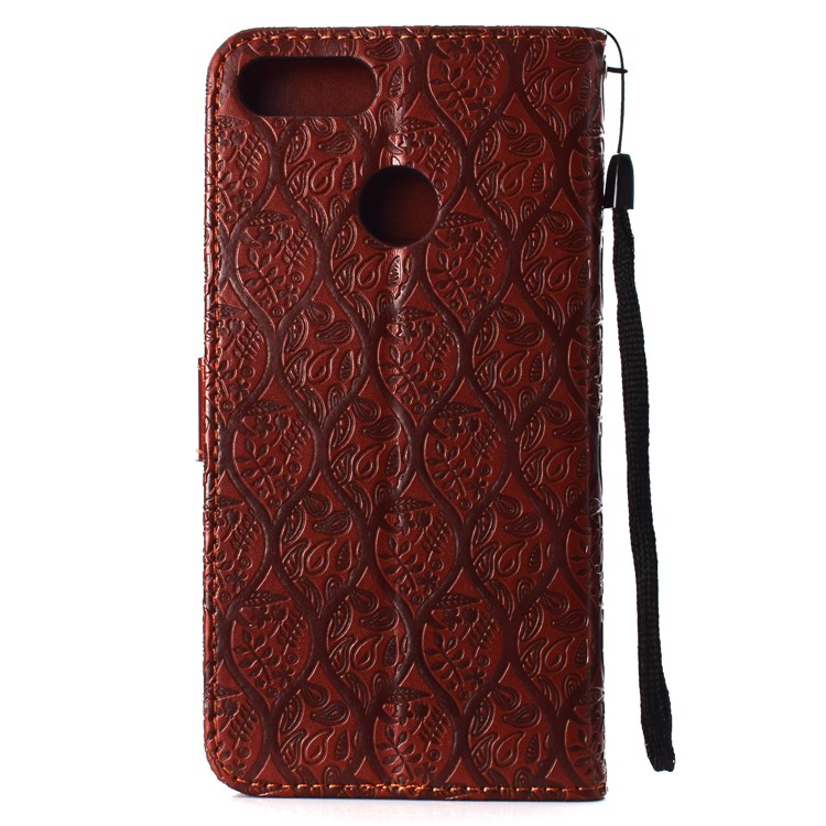 Imprint Leaf Leather Wallet Stand Cell Phone Cover for Huawei Y9 (2018)/Enjoy 8 Plus - Brown-3