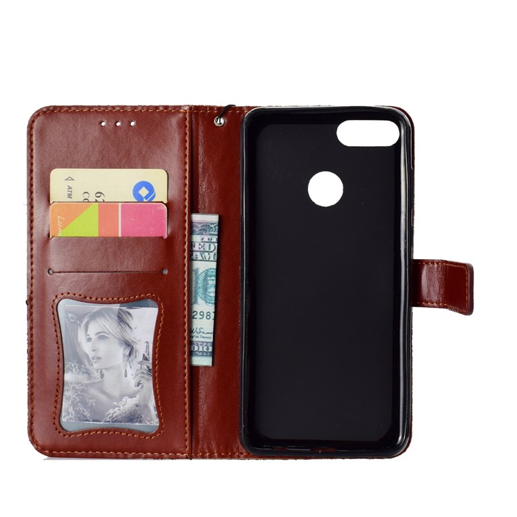 Imprint Leaf Leather Wallet Stand Cell Phone Cover for Huawei Y9 (2018)/Enjoy 8 Plus - Brown-4
