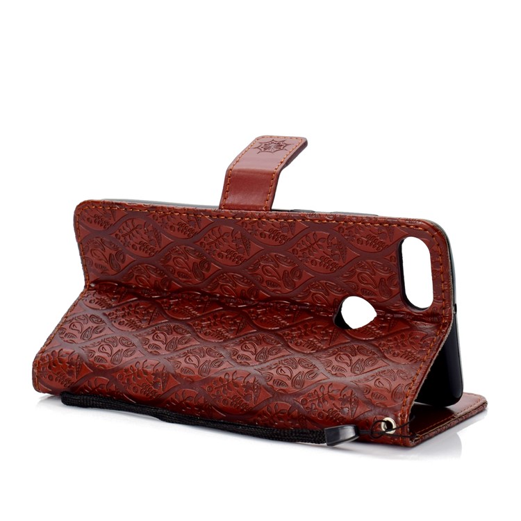 Imprint Leaf Leather Wallet Stand Cell Phone Cover for Huawei Y9 (2018)/Enjoy 8 Plus - Brown-5