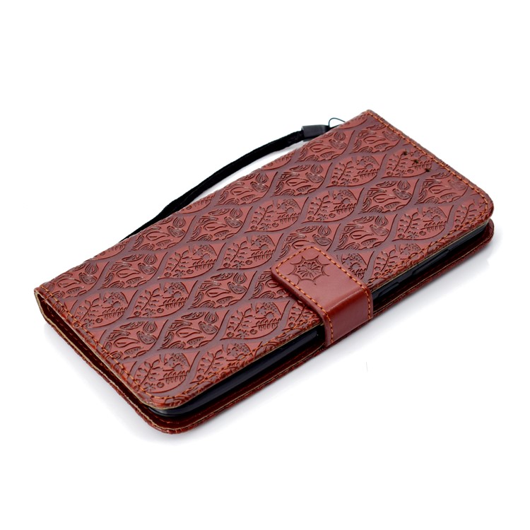 Imprint Leaf Leather Wallet Stand Cell Phone Cover for Huawei Y9 (2018)/Enjoy 8 Plus - Brown-7