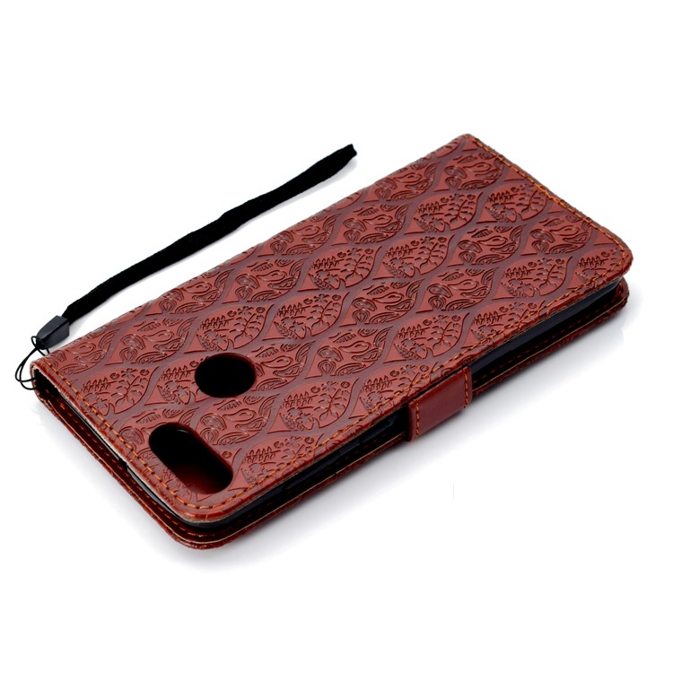 Imprint Leaf Leather Wallet Stand Cell Phone Cover for Huawei Y9 (2018)/Enjoy 8 Plus - Brown-8
