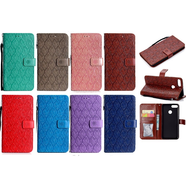 Imprint Leaf Leather Wallet Stand Cell Phone Cover for Huawei Y9 (2018)/Enjoy 8 Plus - Brown-9