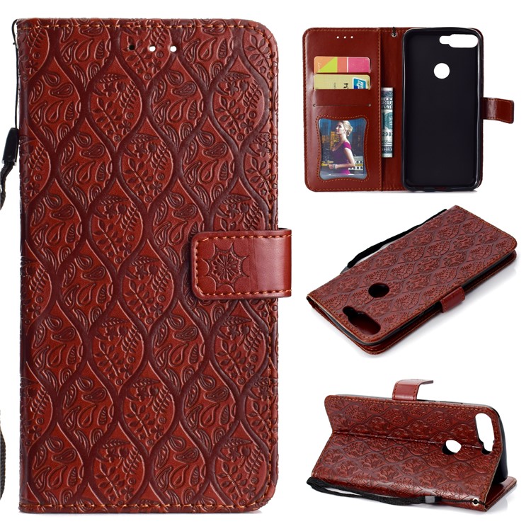 Imprint Leaf Leather Wallet Stand Mobile Phone Shell for Huawei Honor 7C / Enjoy 8 - Brown-1