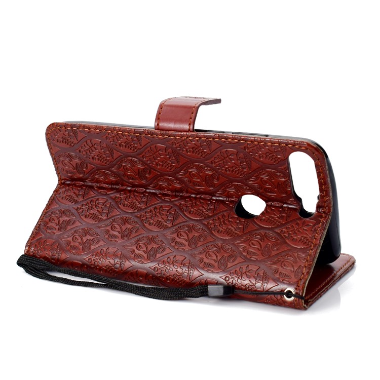 Imprint Leaf Leather Wallet Stand Mobile Phone Shell for Huawei Honor 7C / Enjoy 8 - Brown-4