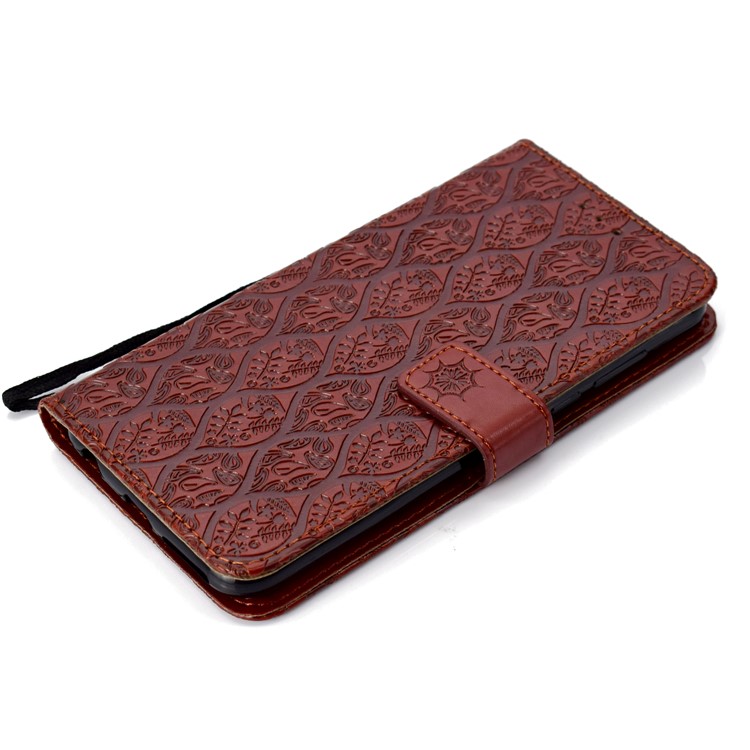 Imprint Leaf Leather Wallet Stand Mobile Phone Shell for Huawei Honor 7C / Enjoy 8 - Brown-6