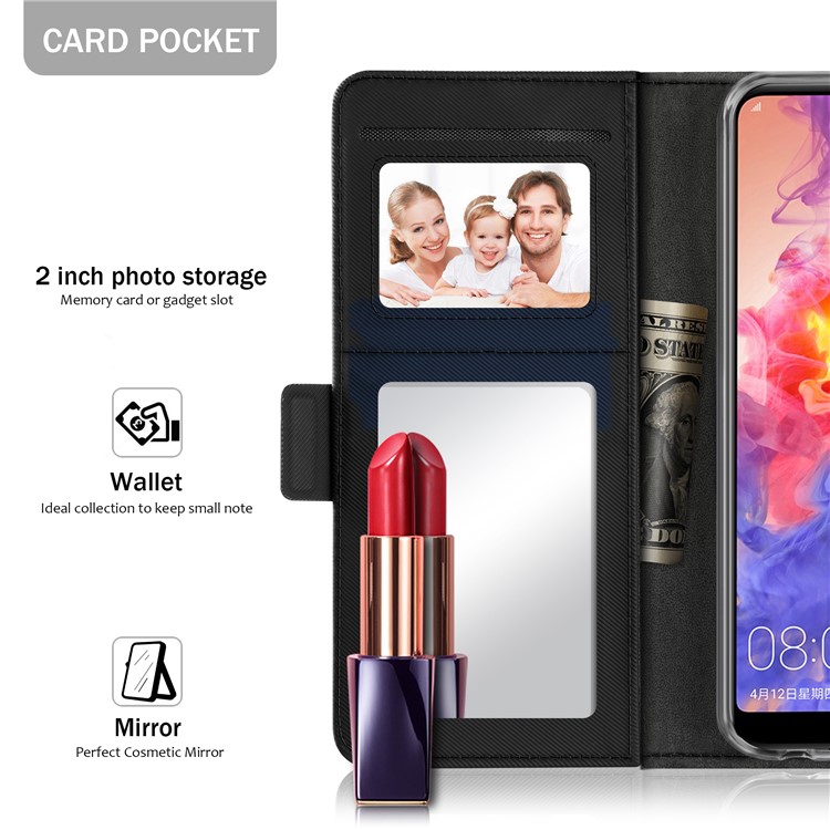 Carteira De Couro Stand Case E Espelho De Maquilhagem Para Huawei P20 - Preto-7