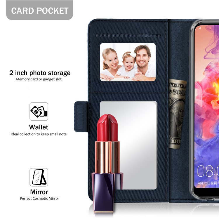 Carteira De Couro Ficar Shell Telefone Móvel E Espelho De Maquiagem Para Huawei P20 - Azul Escuro-7