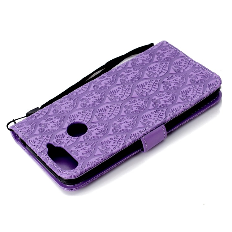 Para Huawei Desfrutar De 8E / Honra 7 Pro / Honra 7a (com Sensor De Impressão Digital) Impressão Folha De Couro Carrinho De Carteira Tampa Do Telefone - Roxa-8