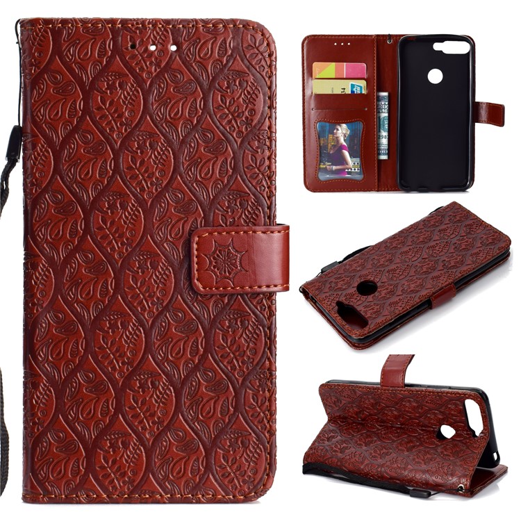 For Huawei Enjoy 8E / Honor 7A Pro / Honor 7A (with Fingerprint Sensor) Imprint Leaf Leather Stand Wallet Cellphone Cover - Brown-1