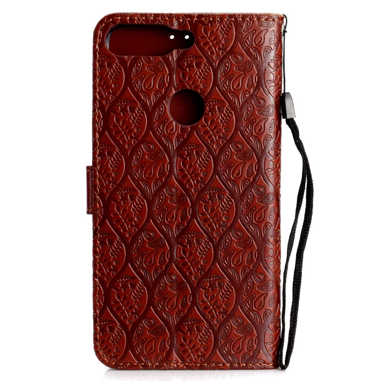 For Huawei Enjoy 8E / Honor 7A Pro / Honor 7A (with Fingerprint Sensor) Imprint Leaf Leather Stand Wallet Cellphone Cover - Brown-3