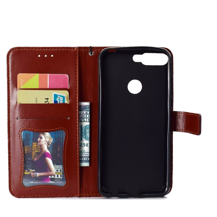 For Huawei Enjoy 8E / Honor 7A Pro / Honor 7A (with Fingerprint Sensor) Imprint Leaf Leather Stand Wallet Cellphone Cover - Brown-4