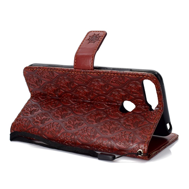 For Huawei Enjoy 8E / Honor 7A Pro / Honor 7A (with Fingerprint Sensor) Imprint Leaf Leather Stand Wallet Cellphone Cover - Brown-5