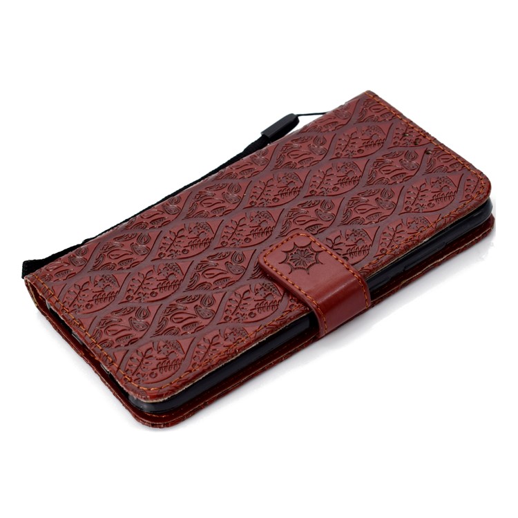 For Huawei Enjoy 8E / Honor 7A Pro / Honor 7A (with Fingerprint Sensor) Imprint Leaf Leather Stand Wallet Cellphone Cover - Brown-7