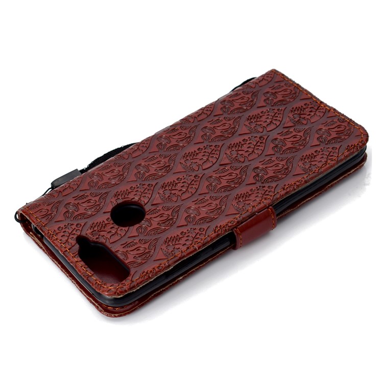 For Huawei Enjoy 8E / Honor 7A Pro / Honor 7A (with Fingerprint Sensor) Imprint Leaf Leather Stand Wallet Cellphone Cover - Brown-8