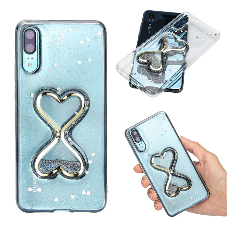 Glittery Powder Dynamic Double-heart Quicksand Epoxy Hybrid Case for Huawei P20 - Silver-1