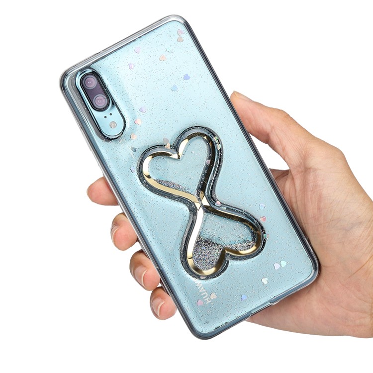 Glittery Powder Dynamic Double-heart Quicksand Epoxy Hybrid Case for Huawei P20 - Silver-6