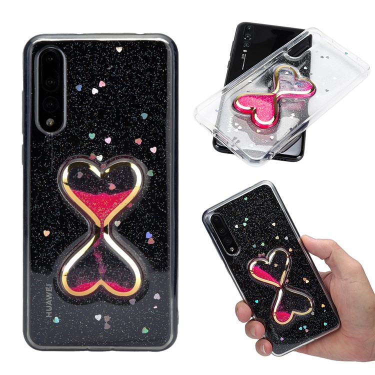 Glittery Powder Dynamic Double-heart Quicksand Epoxy Hybrid Cell Phone Case for Huawei P20 Pro - Rose-1