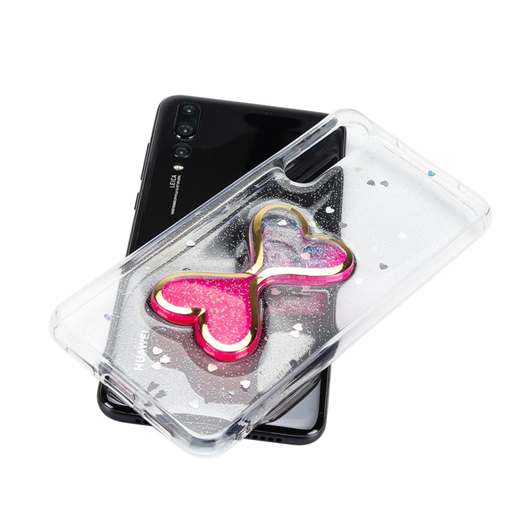Glittery Powder Dynamic Double-heart Quicksand Epoxy Hybrid Cell Phone Case for Huawei P20 Pro - Rose-5