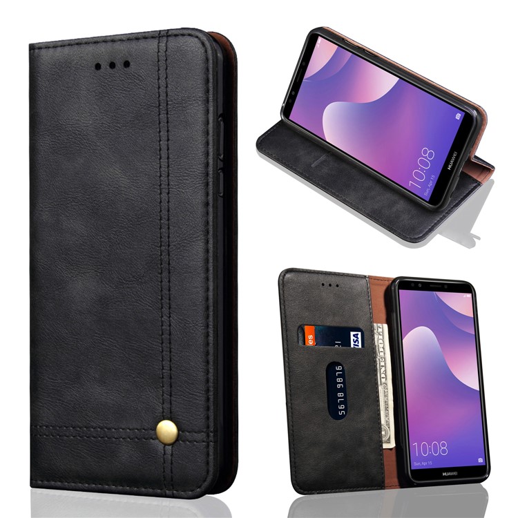 Auto-absorbed Crazy Horse Retro Leather Wallet Stand Case for Huawei Honor 7C / Enjoy 8 / Y7 Prime (2018) / nova 2 lite (Philippines) - Black-1