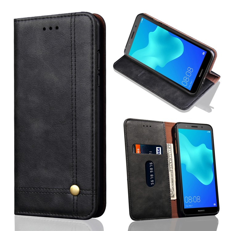 Auto-absorbed Crazy Horse Retro Leather Wallet Stand Case for Huawei Y5 Prime (2018) / Y5 (2018) / Honor 7s / Play 7 - Black-1
