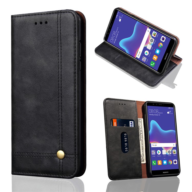 Auto-absorbed Crazy Horse Vintage Leather Phone Case for Huawei Y9 (2018)/Enjoy 8 Plus - Black-1