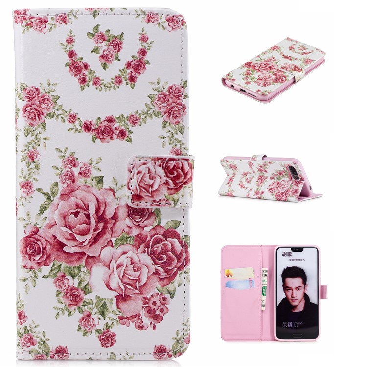 Embossed Pattern Card Holder Leather Protection Mobile Cover for Huawei Honor 10 - Blooming Peonies-1