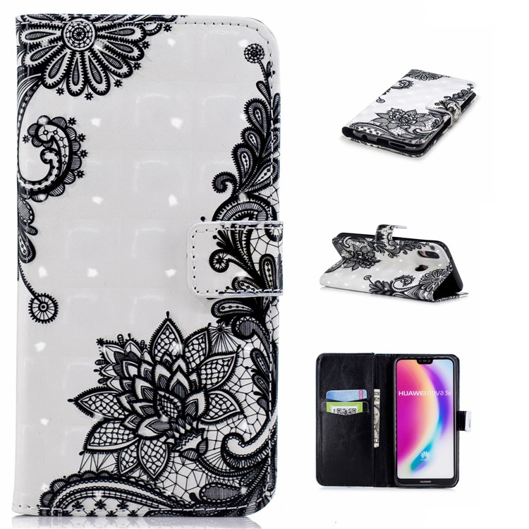 Pattern Printing Rubberized PU Leather Flip Casing for Huawei P20 Lite / Nova 3e (China) - Black Flower-1