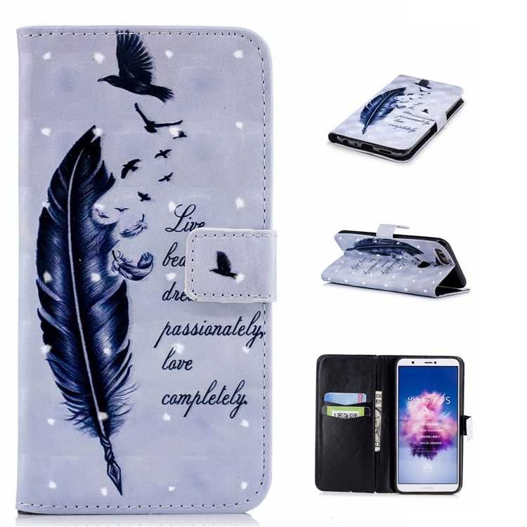 Patterned Rubberized Leather Wallet Mobile Phone Stand Protection Case for Huawei P Smart / Enjoy 7S - Feather and Birds-1